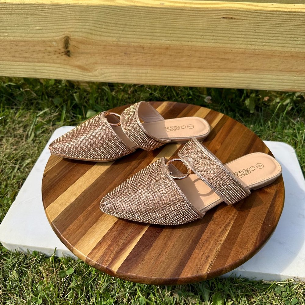 ☆ Mata Shoes Rhinestone Slip On Smoking Flats Mules Rose Gold